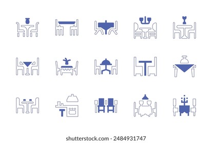 Conjunto de iconos del comedor. Trazo de línea de estilo duotono y negrita. Ilustración vectorial. Conteniendo mesa, mesa de cena, restaurante, silla, mesa de comedor, cocina, cena.