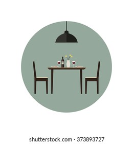 Dining room icon with table and two chairs in flat style. Vector illustration.