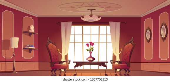 Dining room interior in classic retro style, wooden table with chairs with flowers on the table. Old wooden furniture. Vector cartoon