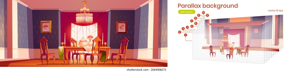 Dining room interior in classic victorian style with wooden table, chairs and chandelier. Vector parallax background for 2d animation with cartoon vintage baroque furniture in banquet hall