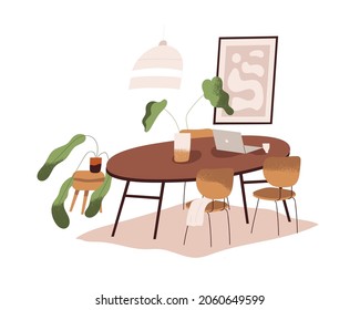 Dining Room Interior Design. Cozy Minimalistic Home With Round Wood Table With Laptop, Chairs, House Plants, Carpet, Chandelier And Picture. Flat Vector Illustration Isolated On White Background