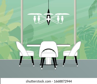 The dining room interior design is elegant in a minimalist sort of way. The table and chairs stay in front of a window. Home is nestled in the rainforest with a beautiful view from the window.