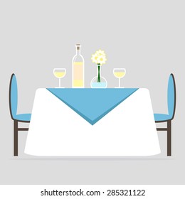 Dining room interior design. Romantic dinner for two. Table with tablecloth and two chairs. Flat style vector illustration. 