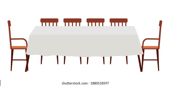 Dining room interior design. Table covered with tablecloth with chairs isolated on white background. Furniture model made of wood for the interior of a room. Arrangement of furniture at home