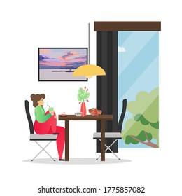 Dining room interior and girl eating while sitting at table by the window, vector flat illustration. Cozy woman room with furniture and decoration, modern home interior.