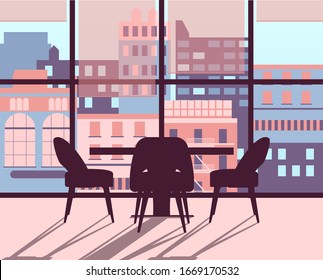 The dining room interior in a minimalist sort of way. The table and chairs stay in front of a window. From the window, you can see the city.