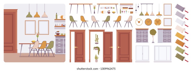 Dining room interior, modern home creation kit, kitchen set with furniture, different constructor elements to build own design and solutions. Cartoon flat style infographic illustration, color palette