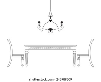 Dining room interior outline illustration