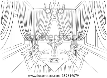 Dining Room Interior Pencil Sketch Stock Vector (Royalty Free