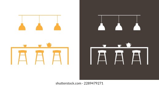 Dining room interior silhouette with kitchen table and bar stools. Vector icon.