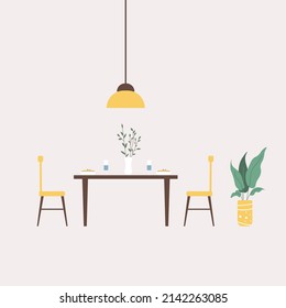 Dining room interior. Table and chairs, crockery, flowers, lamp. Illustration
