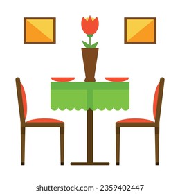 Dining room interior with table and chairs flat vector icon. Cartoon drawing or illustration of furniture or element for apartment or house on white background. Interior design, furniture concept