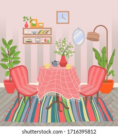 Dining room interior, table with tablecloth. Wooden drawers and shelves with books, aroma candles and photo frames. Decoration of flat. Vector illustration in flat cartoon style