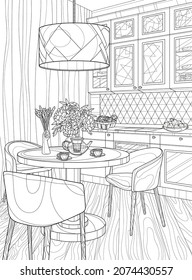 Dining room. Kitchen interier. Coloring book for adults. The interior of the room. Black and white illustration.