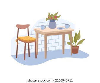 Dining room or kitchen interior, furniture and accessories for design. Wooden table with cup of coffee and vase with flowers. Houseplant and chair with pillow. Vector in flat style illustration