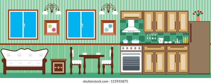 Dining room and kitchen. Interior. vector