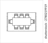 Dining room layout top view vector illustration with rectangular table and six chairs on a rug