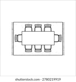 Dining room layout top view vector illustration with rectangular table and six chairs on a rug