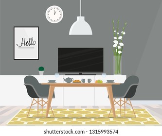 Dining room in the lounge with a TV in gray tones. Vector flute illustration.