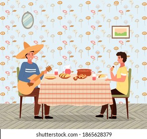 Dining Room In Mexican Style Vector Illustration. Dining Table With Tacos And Burritos. Man In A Sombrero Plays The Guitar. Guys Eating Mexican Food. People In National Costumes Have Dinner Together