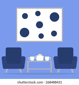 Dining room. Modern dining room interior. Tea time in the living room interior with armchairs, table, teapot and cups. Contemporary furniture. Flat style vector illustration. 