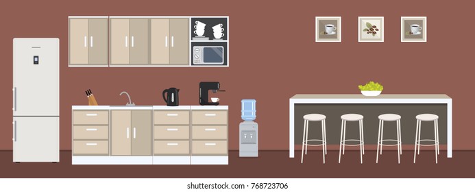 Dining room in the office. There are kitchen cabinets, a fridge, a table, chairs, a microwave, a kettle and a coffee machine in the image. There are also pictures with coffee on the wall. Vector