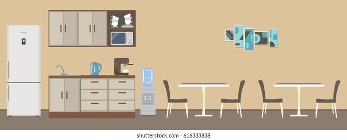 Dining room in the office. There are tables, chairs, kitchen cabinets, a fridge, a microwave, a kettle and a coffee machine in the image. There is a picture on the wall. Vector flat illustration.