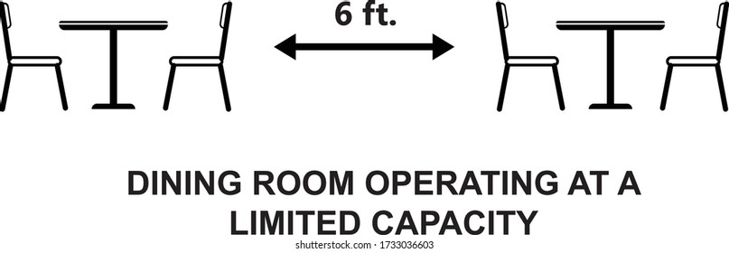 Dining room is operating at limited capacity sign illustrated concept for social distancing in restaurants and cafes.