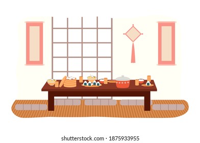 La sala de restaurante con una representación de vector plana de estilo oriental. Mesa de comedor con sushi y manti. Modelo de mobiliario para el interior de una habitación con elementos japoneses. Disposición del mobiliario en casa