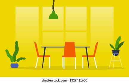 Dining room. Restaurant. Millennial lifestyle interior. Flat editable vector illustration, clip art