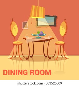  Dining Room Retro Design With Table Chairs And Picture Cartoon Vector Illustration 