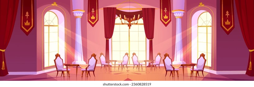 Dining room in royal palace. Vector cartoon illustration of spacious restaurant hall, vintage wooden tables and chairs, red cloth banners with golden emblem on ceiling, large victorian style windows