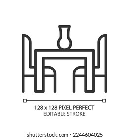 Dining room set pixel perfect linear icon. Table and chairs. Contemporary home furniture store. Seating arrangement. Thin line illustration. Contour symbol. Vector outline drawing. Editable stroke
