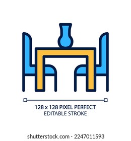 El comedor establece un ícono de color RGB perfecto para píxeles. Mesa y sillas. Tienda de muebles de casa contemporánea. Disposición de los asientos. Ilustración vectorial aislada. Dibujo de línea simple relleno. Trazo editable