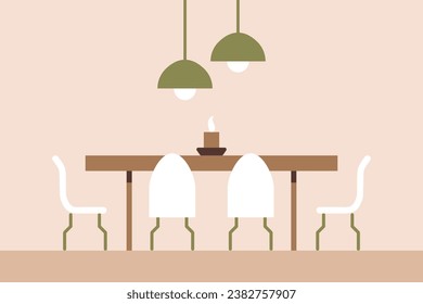 Dining room with dining table with chairs, candle on the table and modern lamps in lampshades. Flat interior in minimal style, vector