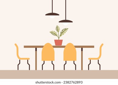 Dining room with dining table with chairs, house plant on the table and modern lamps in lampshades. Flat interior in minimal style, vector