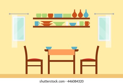 dining room with table, chairs, shelves with dishes, windows, vector illustration in flat style
