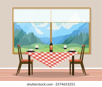 Dining room. Dining table with plate, chairs, window. Vector stock