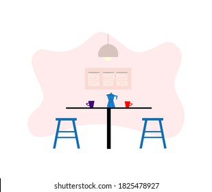 Dining room table with two chairs and mocha coffee. Restaurant minimalistic rooom. Millennial lifestyle interior. Flat editable vector illustration, clip art