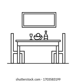 Dining room .Vector icon of a dining table in a flat style, glasses, kitchen utensils, table and chairs, home decor, picture, linear logo, design for cafe menu, sites, network, logo, packaging.