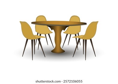 A dining round table with four modern yellow chairs for cafe, living room, dining area, or workspace. The modern furniture, decor, and home comfort. Vector illustration. Not AI generated