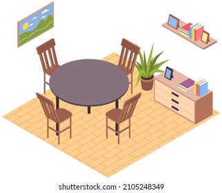 Dining round table with wooden chairs in modern interior of living room. Cosy furnished apartment, room elements of furniture home chest of drawers, potted plant and shelf with pictures, decorations