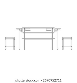 Jantar situado em vista frontal com uma mesa retangular emparelhada com dois bancos e dois bancos. O design destaca simplicidade e equilíbrio, 