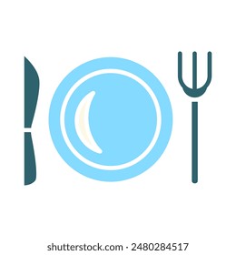 Dining set icon. Blue plate, knife, fork, cutlery, table setting, meal, restaurant, dining, kitchen, food, utensils, cuisine.