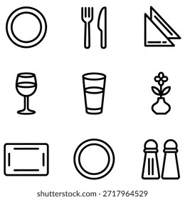 Dining set icons plate fork knife glass flower vase salt pepper