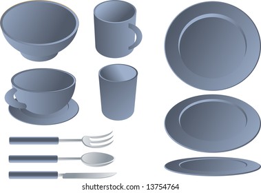 Dining set,  illustration isometric style blue color: plates, mug, cup, glass, bowl, fork, spoon, knife