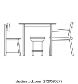 Dining set with two arm chairs, two stools, and a bench featuring a modern, functional design. Versatile seating arrangement ideal for flexible dining spaces and contemporary interiors.