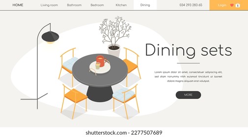 Dining sets - line design style isometric web banner on white background with copy space for text. Header with round table and comfortable chairs. Breakfast in the kitchen, interior design idea