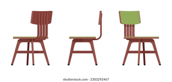 Dining side chair furniture set in brown, green. Wood seat, back rest, kitchen room, cafe, restaurant classic modern interior design. Vector flat style cartoon home, office isolated, white background