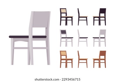 Dining side chairs furniture, comfortable wood big set. Upholstered seat, back, kitchen space room, rustic classic design. Vector flat style cartoon home, office articles isolated, white background